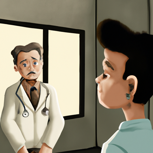 תמונה של אדם עומד מול רופא, נראה מודאג.